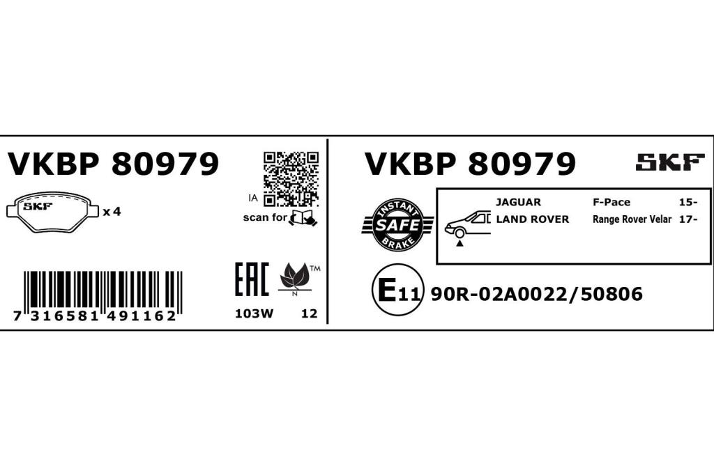 Jeu de 4 plaquettes de frein SKF ref. VKBP 80979